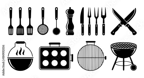Black kitchen and barbecue utensils set with background spatula