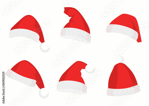 A collection of red santa hats with white trim are displayed
