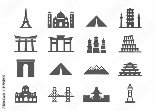 Collection of world landmark icons depicting famous architectural structures