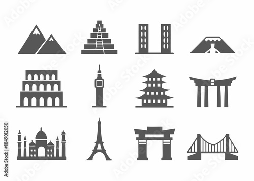 Collection of iconic landmarks and architectural structures in simple black glyphs