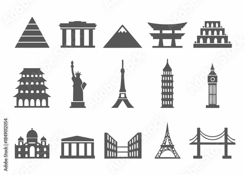Collection of iconic architectural landmarks and building silhouettes in black