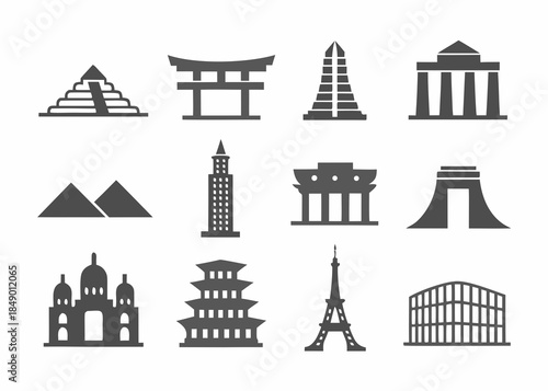 Variety of architectural landmarks and iconic building silhouettes in black