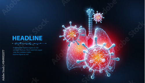 Virus in lung. Abstract vector 3d corona microbe on lung background. Pneumonia virus, covid illnes, medical healthcare, microbiology concept. Disease germ, pathogen organism, infectious micro virology