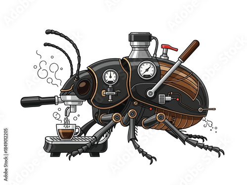 A detailed steampunk beetle espresso machine brewing coffee.