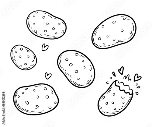 Hand drawn potatoes with faces and hearts in black outline vegetable vegetables