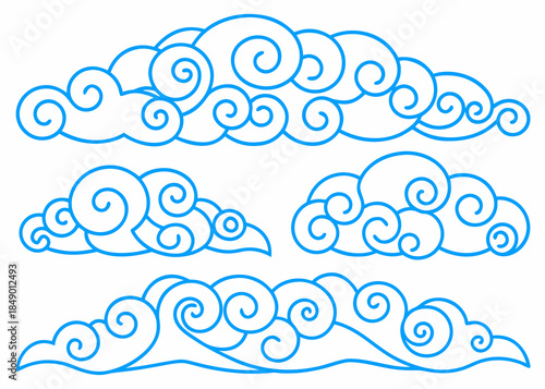 Blue line art depicting traditional stylized cloud patterns and decorative swirls