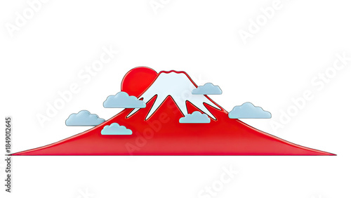 Stylized Mount Fuji with Clouds and Rising Sun on White Background