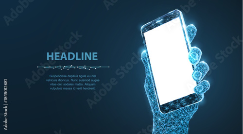 Mobile phone moskup. Abstract polygonal wireframe closeup mobile phone with blank white empty screen in holding man hand up to top. Communication technology, digital app, smart phone mockup concept


