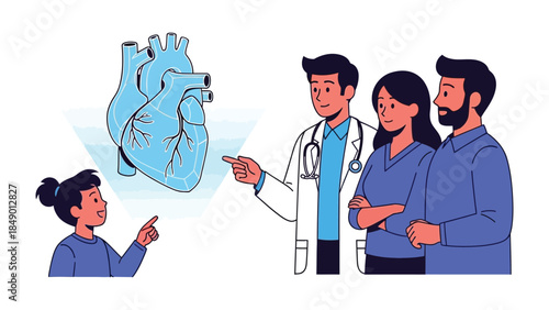 Healthcare Discussion: A doctor explains the human heart to a young child, accompanied by parents, promoting health education and family wellness.