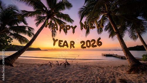 Tropical sunset celebration: happy new year 2026