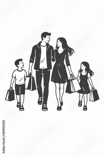 A boy friend and a girl friend and an old man and an old woman and a husband and wife and their son and daughter are walking on the street with shopping bags