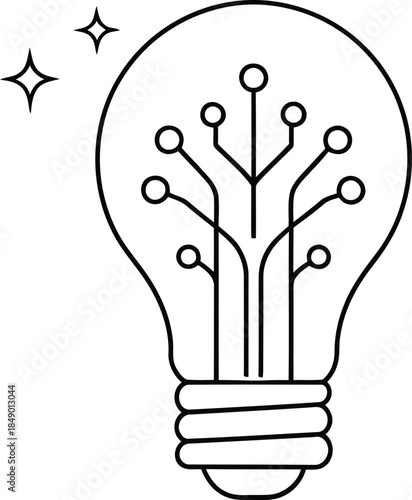 Line art illustration of a light bulb with an internal circuit board representing digital ideas and innovation