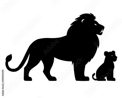 silhouette of father lion with his cub, vector illustration icon isolated on white background
