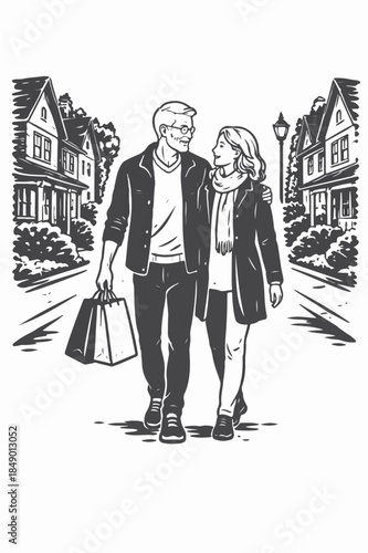 A boy friend and a girl friend and an old man and an old woman and a husband and wife and their son and daughter are walking on the street with shopping bags