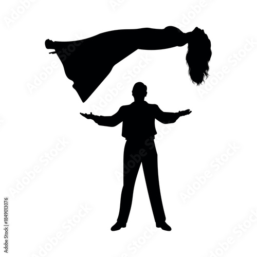 Magician performing levitation illusion with floating woman silhouette