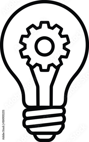 A simple line art illustration depicting a light bulb containing a gear, symbolizing idea development and process
