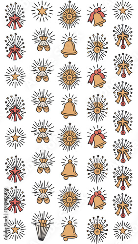 Festive Embellishments Pattern: An eye-level shot captures a pattern of Christmas ornaments, displaying a variety of holiday-themed decorations arranged in a neat, visually pleasing array.