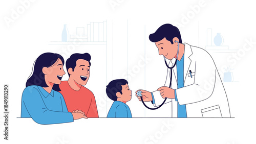 A Doctor's Care: A scene of trust and well-being, where a caring doctor examines a child, reassuring the child and parents with his attentive care, fostering health and family well-being.