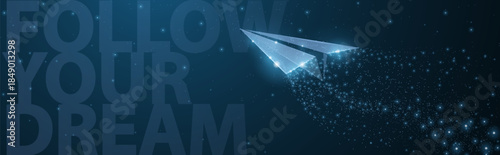 Follow your dreams. Paper airplane with Motivational slogan on dark blue with dots and stars. Dream, freedom, inspiration and positive illustration or background. Journey symbol. Shirt print.


