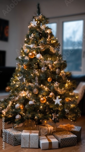 A Christmas tree decorated with lights and ornaments stands in a living room filled with gifts, creating a festive atmosphere at night