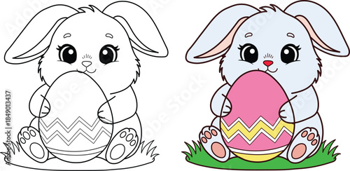 Adorable cartoon bunny holding patterned egg with black line version and colored guide