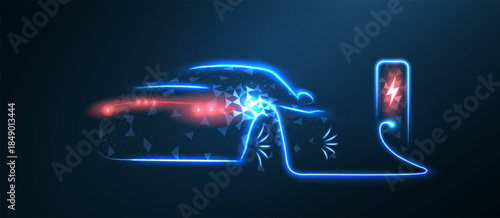 EV. Electric car connect to charging station. Eco power, EV charger, green vehicle, alternative energy, rechargeable battery, auto industry, future technology, hybrid concept

