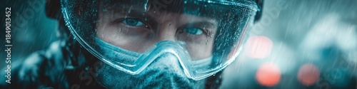 Narrow cinematic crop of caucasian person eyes behind protective goggles with blurred city lights in background Concept of vigilance and urban survival