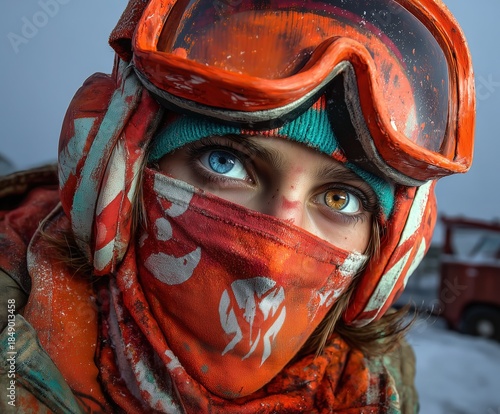 Close up of caucasian man with blue eyes wearing goggles and scarf covering face in harsh environment with dramatic light Concept of exploration and extreme conditions