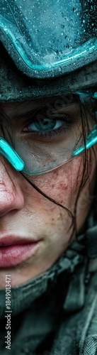 Extreme close up of caucasian woman face with wet skin wearing glowing tech goggles against dark blurred background Concept of high tech survival and intensity