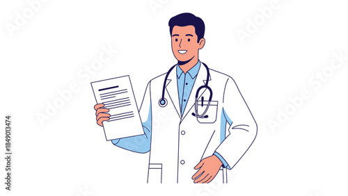 Doctor with Patient Records: A medical professional, stethoscope in place, examines patient records with a warm smile.