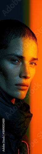 Minimalistic portrait of young caucasian woman with short hair standing near neon orange light on dark background Concept of isolation and futuristic identity