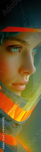 Artistic portrait of caucasian woman inside illuminated helmet with orange light and soft shadows on dark background Concept of futuristic safety and hope