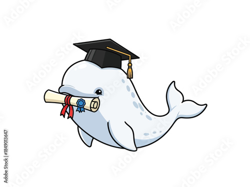 A cute cartoon beluga whale wearing a graduation cap and holding a rolled diploma with a blue ribbon.