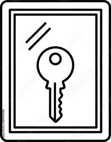 A black and white line icon illustrating a key inside a protective frame or digital interface
