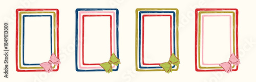 Hand Drawn xmas red, green, pink frame set with doodle bows, lace, ribbons. Coquette whimsical line borders for Merry Christmas, New Year, birthday, wedding, poster. Vintage minimalist vector illustra