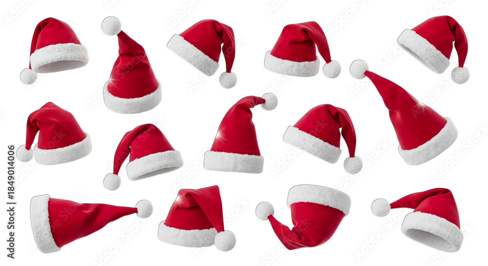 Fototapeta premium Collection of red santa hats with white pompoms, isolated on transparent background