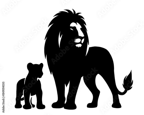 silhouette of father lion with his cub, vector illustration icon isolated on white background

