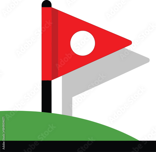A red golf flag with a white circle on a green mound, casting a shadow.