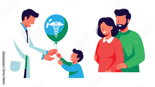 Healthcare Support and Family: a doctor giving the medical balloon to little child beside his parents . A symbolic representation of healthcare assistance and support
