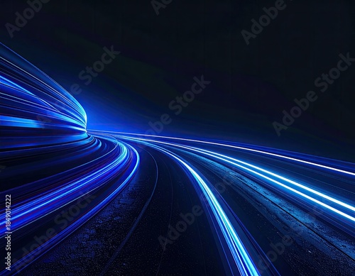 Blue light trails curve against dark background