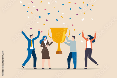 Celebration of success with a golden trophy and joyful team members