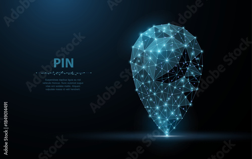 Pin. Low poly wireframe mesh looks like constellation on dark blue with dots and stars. Location, gps, marker symbol, illustration or background

