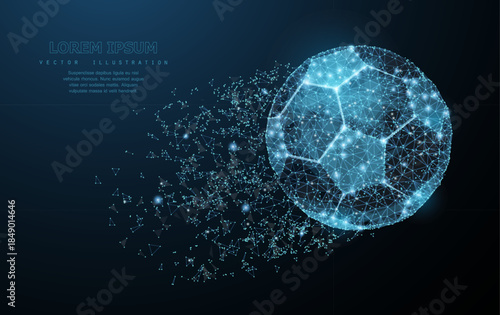 Soccer ball. Low poly wireframe mesh with crumbled edge and looks like constellation on dark blue background with dots and stars. Soccer symbol, illustration or background


