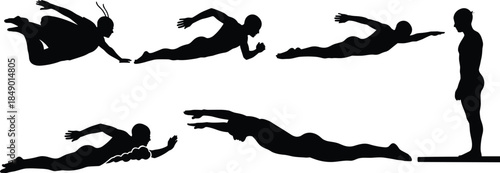 Diving silhouette sequence set, black dive icons, vector motion graphics, athletic leap illustrations, minimal sport symbols, dynamic human design pack