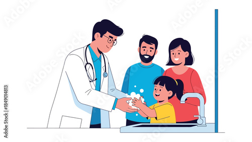 Health Care: A caring doctor assists a child in proper handwashing, with supportive family members observing, highlighting the importance of hygiene and family well-being.