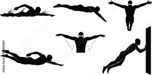 Swimmer silhouette icon set, black swim poses, vector swimming graphics, freestyle and butterfly stroke illustrations, dynamic water sport design pack