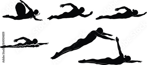 Swimmer silhouette icon set, black swim poses, vector swimming graphics, synchronized swim illustrations, dynamic water sport symbols, minimal athlete design