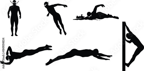 Swimmer silhouette icon set, black swim poses, vector swimming graphics, freestyle and dive illustrations, dynamic water sport design pack
