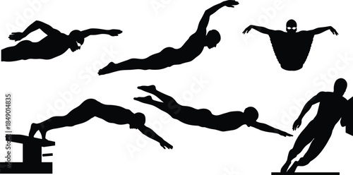 Swimmer silhouette sequence set, black swim icons, dynamic stroke and dive graphics, vector athlete illustrations, minimal sport design pack
