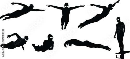 Swimmer silhouette icon set, black swim poses, vector swimming graphics, diving and freestyle illustrations, dynamic water sport design pack